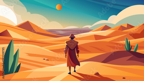 Vector art of a lone traveler walks through vast desert dunes at sunset