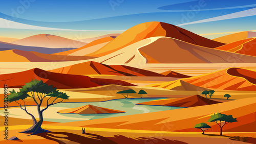 Vector art of vibrant desert landscape with dunes and an oasis