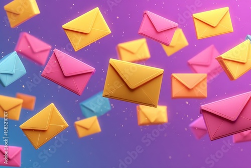 Colorful envelopes float against a vibrant background creating a festive atmosphere