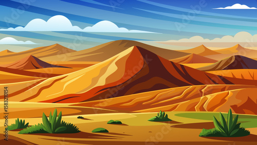 Vector art of vast desert landscape with rolling dunes under a blue sky