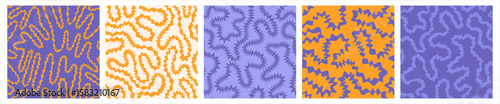 Halloween vibes seamless patterns set. Funky groovy abstract spiky purple orange backgrounds collection. Modern psychedelic maze square templates. Uneven zigzag continuous deformed wavy endless line