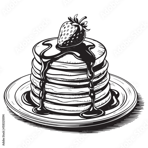 Deliciously drawn stack of pancakes topped with a strawberry and drizzled with dark chocolate syrup on a plate
