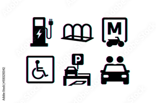 Electric charging, public transportation, accessible parking, car sharing symbols