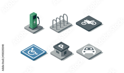 Isometric icons of electric charger, bicycle rack, handicap symbol, parking booth, car