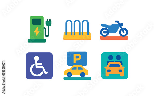 Colorful transportation and parking icons set