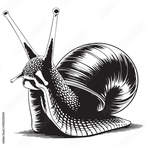 Detailed black and white illustration of a garden snail with prominent antennae and a textured shell on a white background