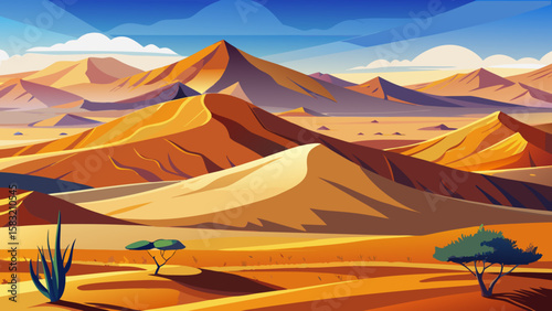 Vector art of stylized desert landscape with rolling dunes and distant mountains