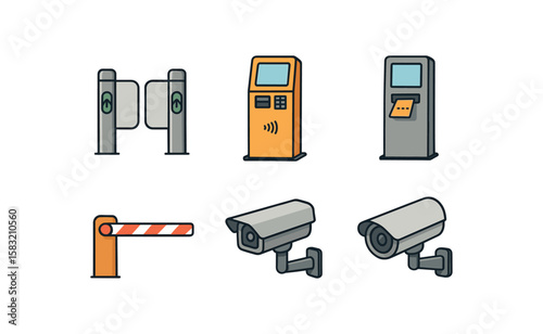 Security devices collection – turnstile, ticket machine, barrier, cctv cameras