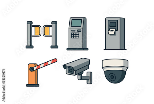 Security equipment icons collection: barrier, kiosk, cameras