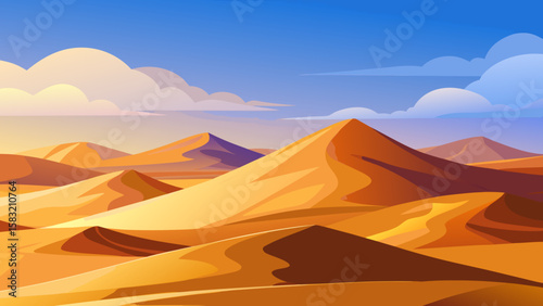 Vector art of desert dunes at sunset with vibrant orange and purple hues
