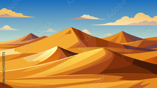 Vector art of expansive desert landscape with golden sand dunes and blue sky