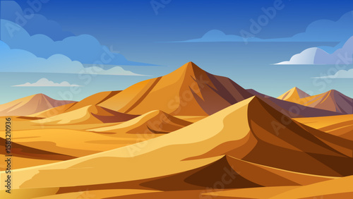 Vector art of golden desert dunes under a vast blue sky with clouds
