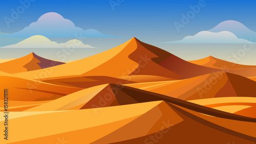 Vector art of golden desert dunes under a vast blue sky with clouds