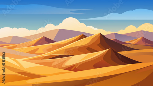 Vector art of vast desert landscape with rolling sand dunes and clouds