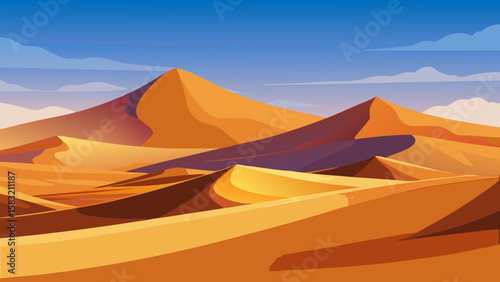 Vector art of desert landscape with sand dunes and a cloudy sky