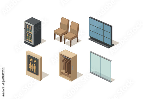 Illustrated wooden bench, boot rack, massage table, locker, water cooler, shelf