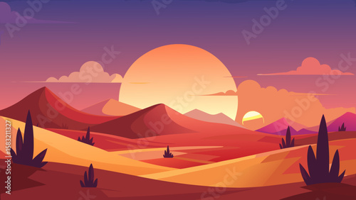Vector art of desert landscape at sunset with rolling hills and clouds