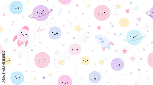 Cute space themed background with smiling planets and rockets in pastel colors, creating playful and cheerful atmosphere for children or fun designs