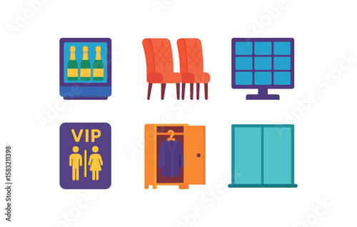 Colorful icons of hotel amenities including mini fridge and wardrobe