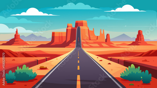 Vector art of a scenic desert highway leads to majestic rock formations