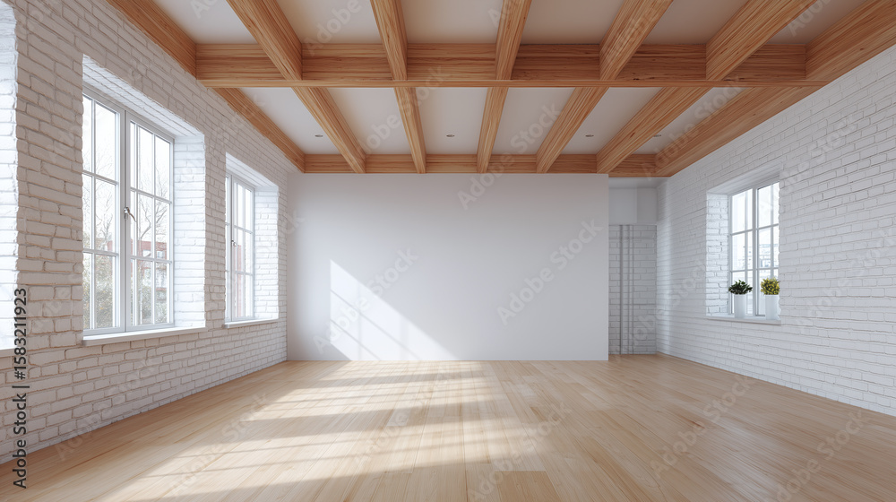 Naklejka premium Empty bright room with wooden floor and ceiling beams, white brick walls, and large windows letting in natural light creating warm and inviting atmosphere