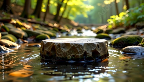 A serene image showcasing a stone pedestal in a tranquil forest stream. The scene is illuminated by sunlight filtering through the trees, creating a peaceful atmosphere