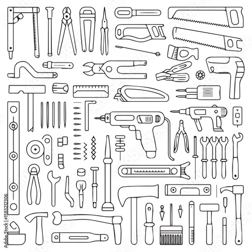 Collection of various hand and power tools for construction and repair work illustrated in a clean line art style