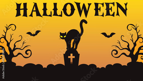Halloween scene with black cat on tombstone bats and trees against an orange gradient background
