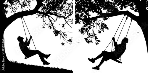 Silhouettes of People Swinging on Tree Swings - Freedom and Joy