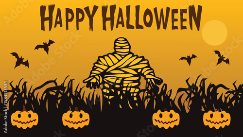 Happy halloween scene with mummy, pumpkins, bats, and tall grass against an orange background with a moon