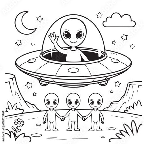 Friendly cartoon aliens waving from a flying saucer in a starry night landscape with a crescent moon and clouds