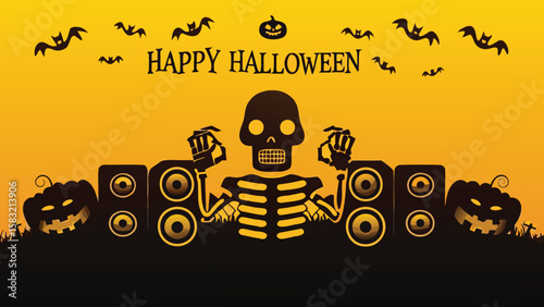 Halloween themed illustration with a skeleton, pumpkins, bats and speakers on an orange background