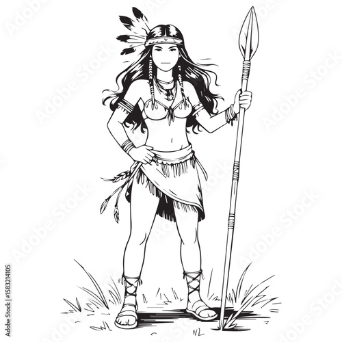 Strong native american woman warrior standing confidently holding a spear in a field of grass