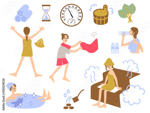 サウナ関連グッズと女性イラストセット_顔入り