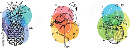 Hand drawn tropical party posters feature pineapple, flamingo, and coconut drink