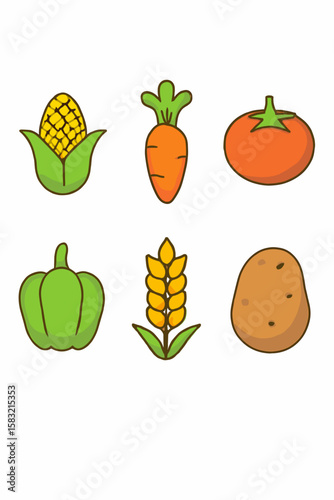 Cartoon Vegetables: Corn, Carrot, Tomato, Pepper, Wheat, and Potato Illustration. Generated image