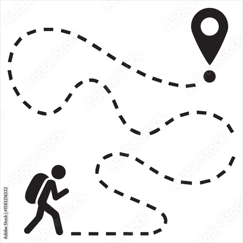 hiker icon on a winding dashed path to destination marker symbolizing journey, adventure, or travel planning