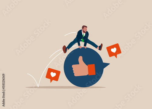 Businessman jumping over on thumb up shape instead. Worker employee overcome barrier solve trouble. Succeed in work. Customers showing like, giving support to top service. Rating, survey, marketing.