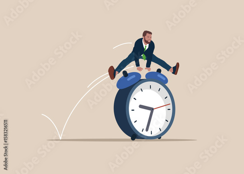 Businessman jumping over on clock. Worker employee overcome barrier solve trouble. High esteem. 24-7 support service, working hours. Modern vector illustration in flat style
