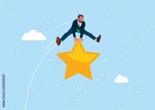 Businessman jumping over on star. Worker employee overcome barrier solve trouble. Working hard and effort to earn more salary or investment profit, tax burden or financial problem and difficulty