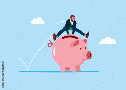 Businessman jumping over on piggy bank. Worker employee overcome barrier solve trouble. Inflation and price concept. Modern vector illustration in flat style