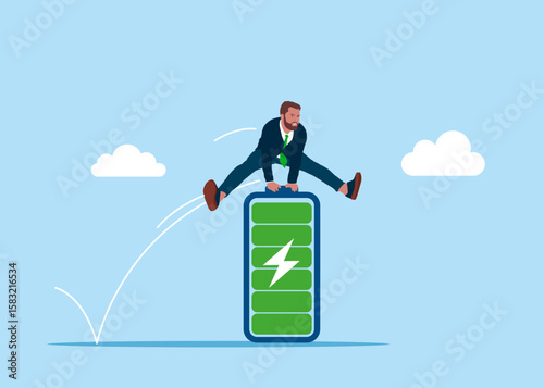 Businessman jumping over on battery. Worker employee overcome barrier solve trouble. Fast charging. Battery performance and long life battery. Energy power source maintenance. Vector illustration