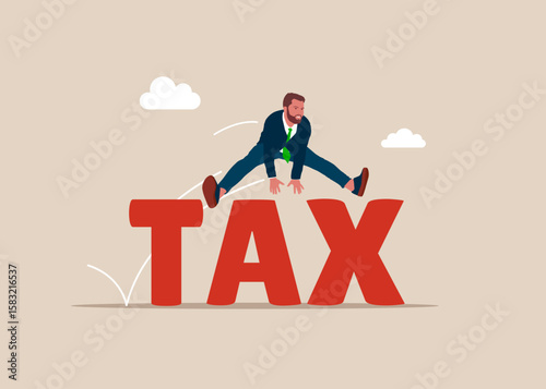 Businessman jumping over taxes. Worker employee overcome barrier solve trouble. Reduce Tax Business concept. Challenge. Flat vector illustration