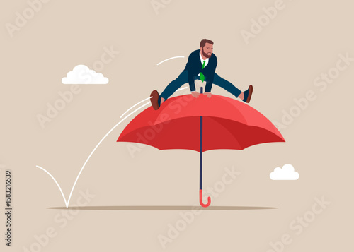 Businessman jumping over on umbrella. Worker employee overcome barrier solve trouble. High esteem. Modern vector illustration in flat style