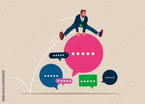 Businessman jumping over on speech bubble. Worker employee overcome barrier solve trouble. Discussion, conversation, meeting, team communication. Modern vector illustration in flat style