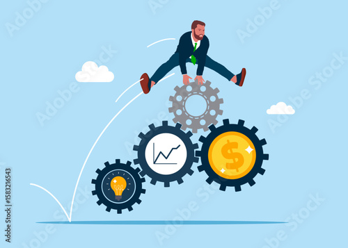 Businessman jumping over gear cogs. Worker employee overcome barrier solve trouble. Effort and time to make money, success long term investment, deadline effect to make people finish work concept.