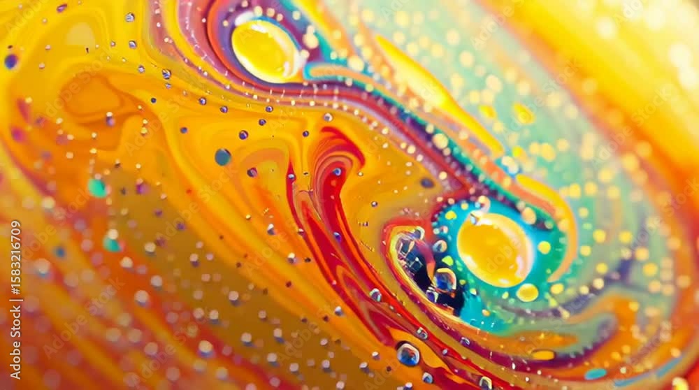 Abstract Colorful Swirl: Vibrant, swirling patterns of yellow, orange, red, and blue create a mesmerizing abstract artwork. The texture is rich with tiny bubbles adding depth and dimension.