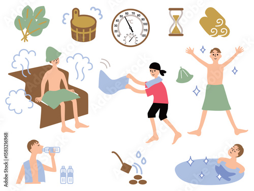 サウナ関連グッズと男性イラストセット_顔入り