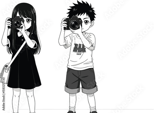 Anime style of a girl and boy taking photographs in black and white