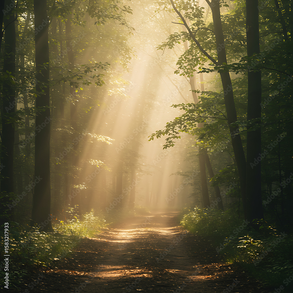 Obraz premium A serene forest pathway illuminated by dramatic sun rays filtering through dense trees, creating an ethereal and peaceful natural scene. 